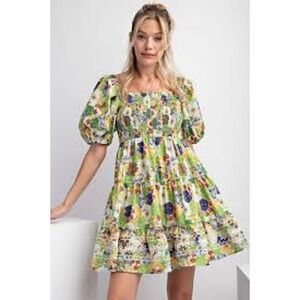 Easel NEW Floral Smocked Mini Dress Cottagecore Garden Peasant Festival Boho